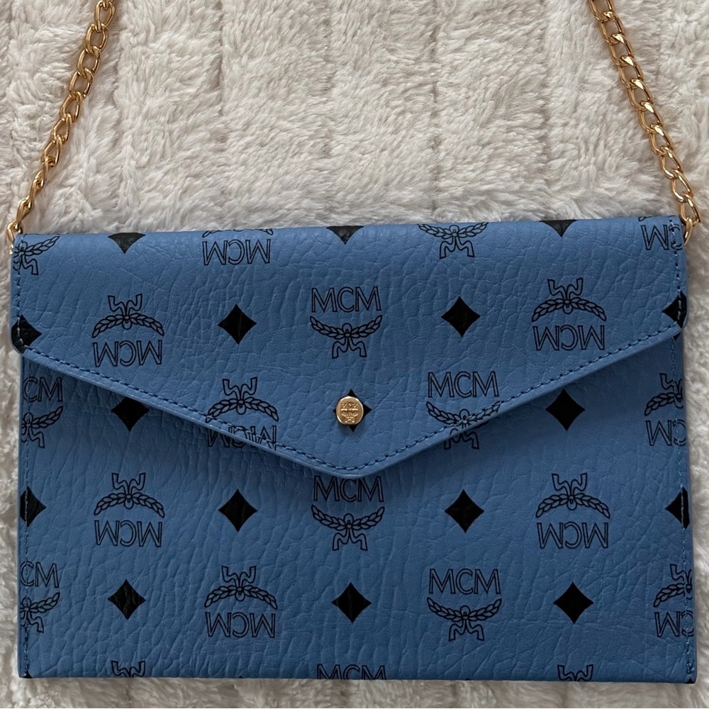 MCM Beauty GWP Blue Monogram Envelope Pouch with Gold Chain